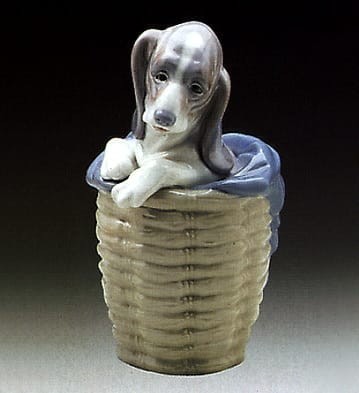 Lladro Dog in Basket Porcelain Figurine