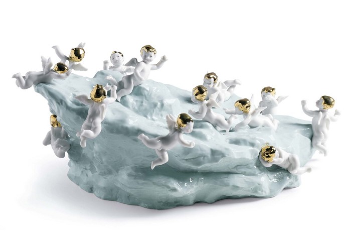 Lladro Discovery - Cherubs On Large Turq. Earth Porcelain Figurine
