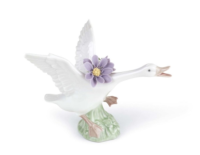 Lladro Jumping Duck with Purple Dahlias Porcelain Figurine
