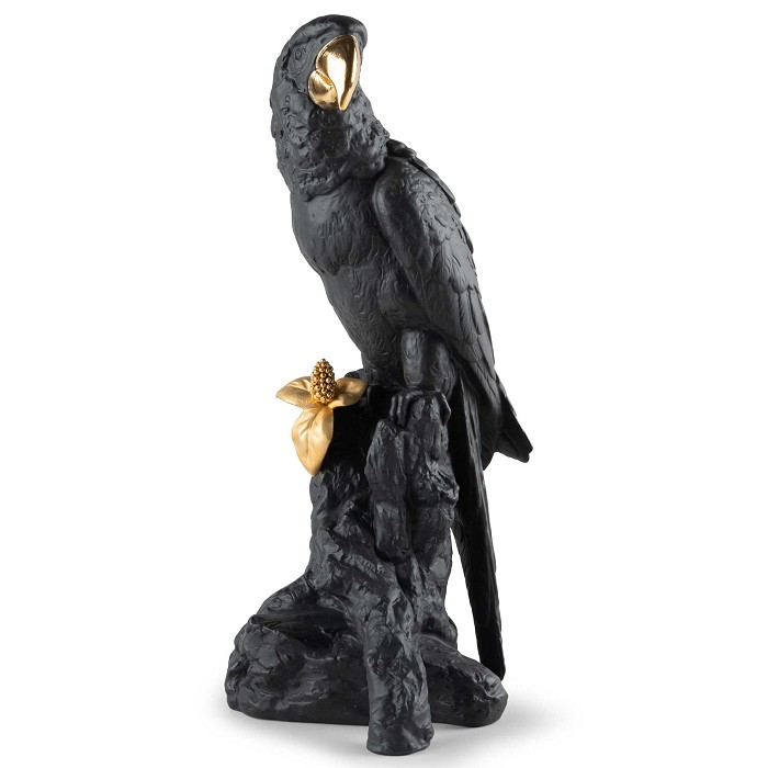 Lladro Macaw Bird Sculpture. Black-Gold 