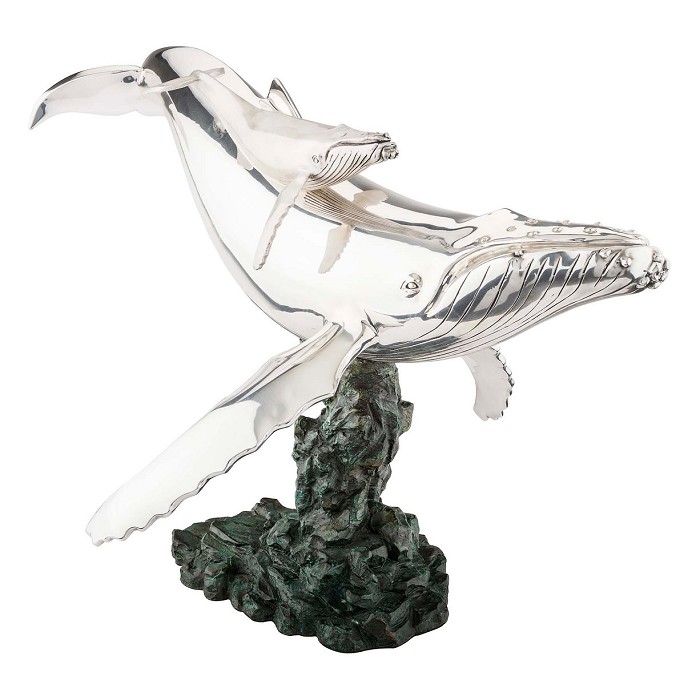 Dargenta Silver Humpback Mother & Calf Whale Statue 