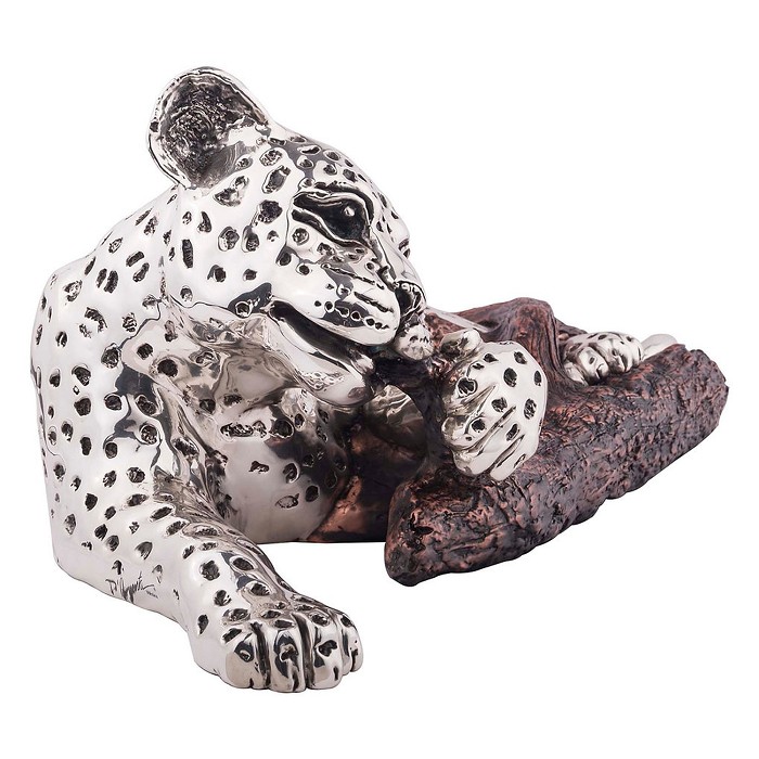 Dargenta Silver Leopard Statue Cub Bitting a Branch 