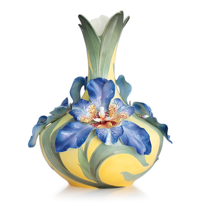 Franz Porcelain Blue Iris Design Sculptured Porcelain Large Vase Limited Edition Fine Porcelain