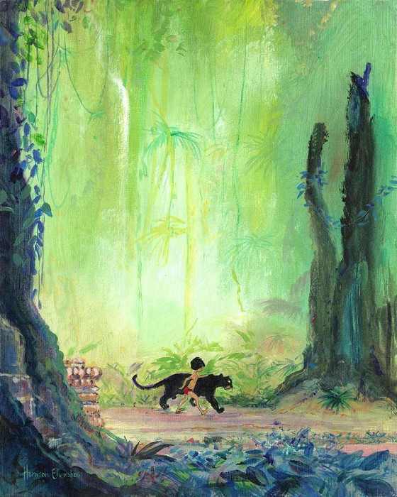 Harrison Ellenshaw Mowgli and Bagheera - From Disney The Jungle Book Hand-Embellished Giclee on Canvas