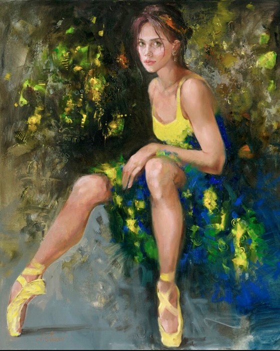 Irene Sheri Balerina Yellow Pointe Hand-Embellished Giclee on Canvas