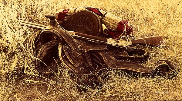 James Bama 1880s Still Life of Saddle and Rifle SMALLWORK EDITION ON Canvas