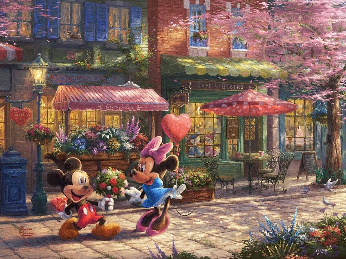 Thomas Kinkade Disney Mickey and Minnie - Sweetheart Cafe Giclee On Paper