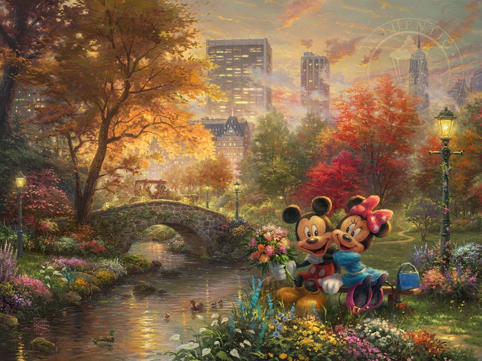 Thomas Kinkade Disney Mickey and Minnie - Sweetheart Central Park Giclee On Canvas