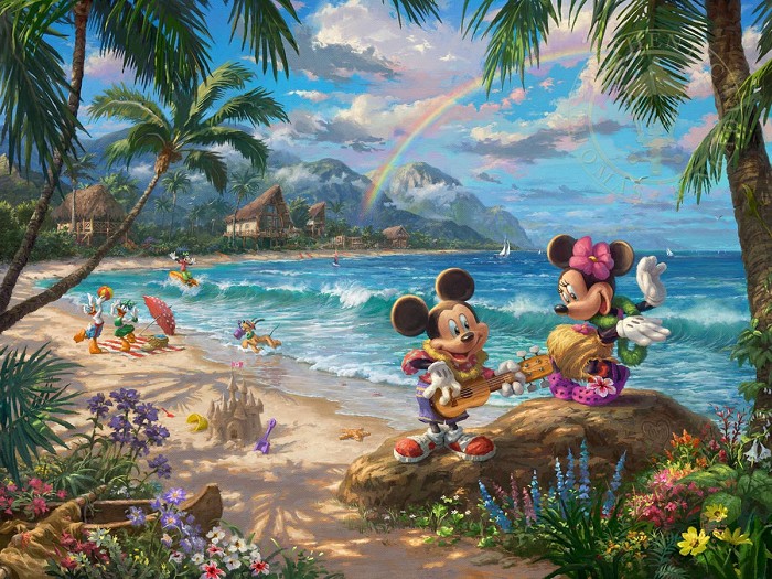 Thomas Kinkade Disney Mickey & Minnie in Hawaii Giclee On Canvas