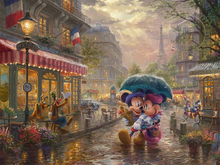 Thomas Kinkade Disney Mickey & Minnie In Paris Giclee On Paper