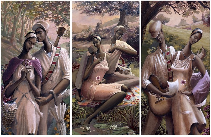 John Holyfield A Kiss / Pearls / The Dance Love Trilogy Triptych Giclee On Canvas