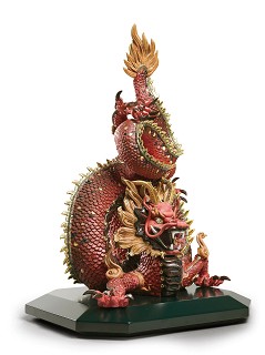 Lladro-Protective Dragon - Golden Luster and Red