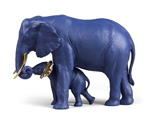 Lladro-Leading The Way Elephants. Blue-Gold