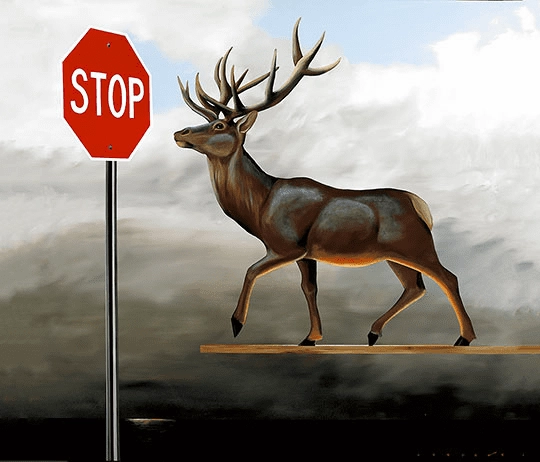 Robert Deyber-The Buck Stops Here Deer at Stop Sign