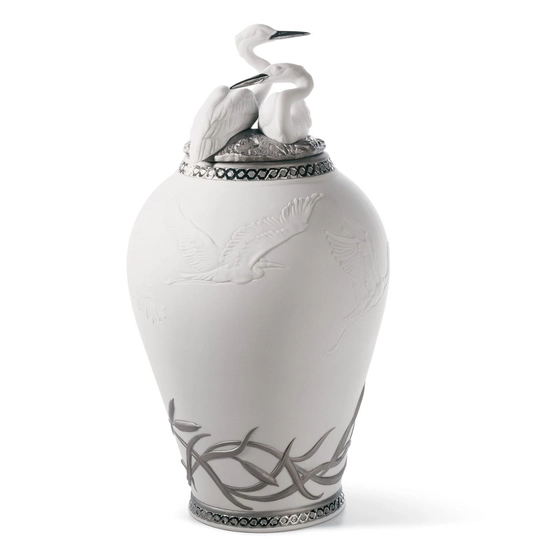 Lladro - Herons Realm Covered Vase Figurine Silver Lustre