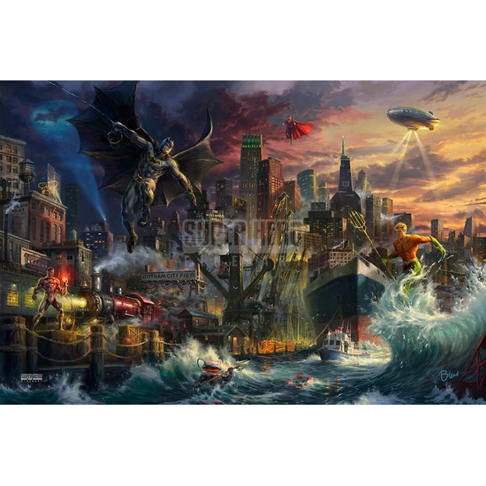 Thomas Kinkade DC Comics - Justice League Showdown At Gotham City Pier