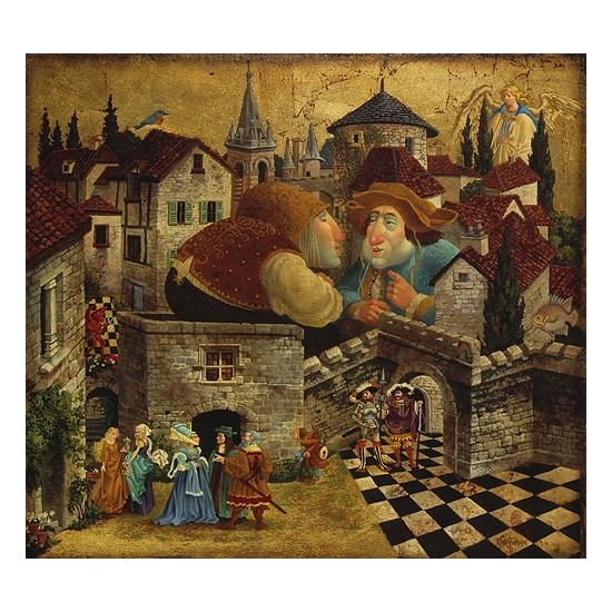 James Christensen - Two Men In Conversation Attempting To Put Things Le Canvas