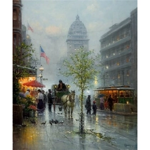 G Harvey-Market Street Trolleys Giclee On Canvas Signed And Numbered
