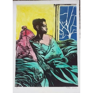 William Tolliver-Contemplation Hand colod woodcut Artist Signed