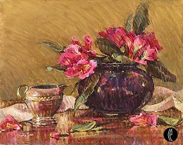 Pink Rhododendrons by Jan Saia Image is watermarked for copyright protection and is not present on the actual art work.