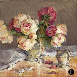 Peonies And Silver by Jan Saia Image is watermarked for copyright protection and is not present on the actual art work.