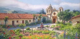 Little Old Mission by the Sea Circa 1940 by June Carey Image is watermarked for copyright protection and is not present on the actual art work.