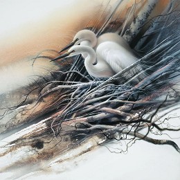 White Egrets by Lee Bogle Image is watermarked for copyright protection and is not present on the actual art work.