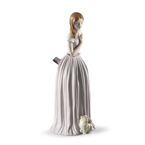 Lladro I'll Walk You to the Party Woman with Dog Porcelain Figurine